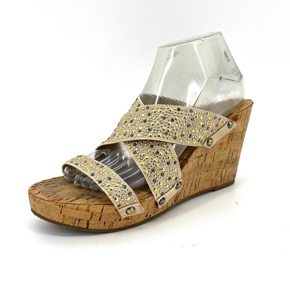 XOXO Women's Cream Belicia cork wedge sandals stretch gold stud bling‎ detail 10